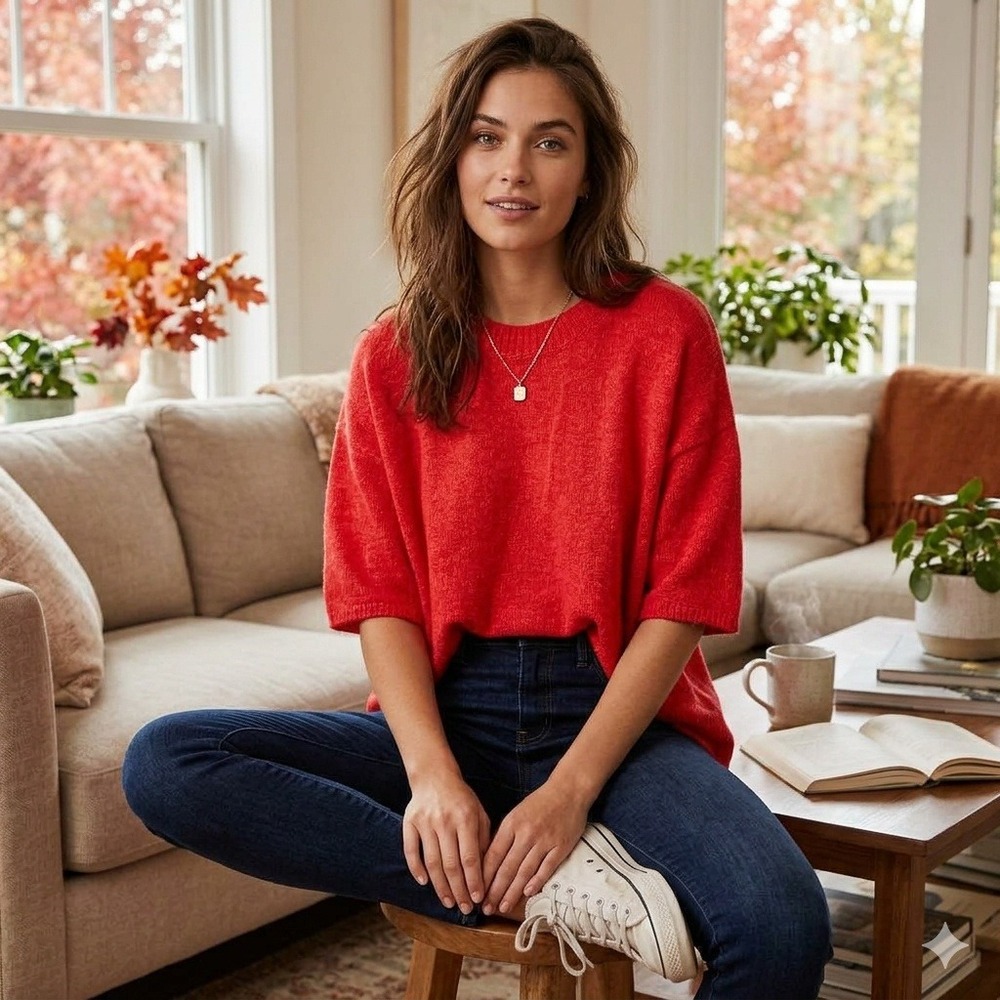Free People Knit Top Womens M Red NWT Oversized Short Sleeve Crew Neck Sweater